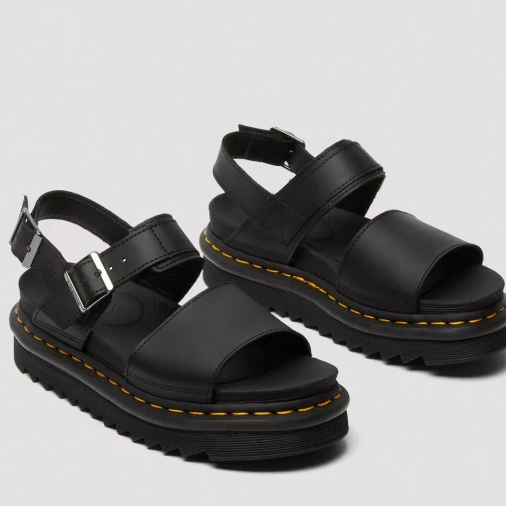Dr. Martens Black Leather Platform Sandals with Yellow Stitching